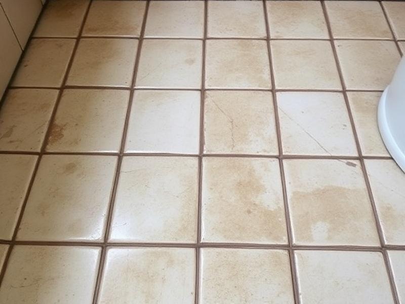 Bathroom floor tiles with discoloured grout lines before cleaning