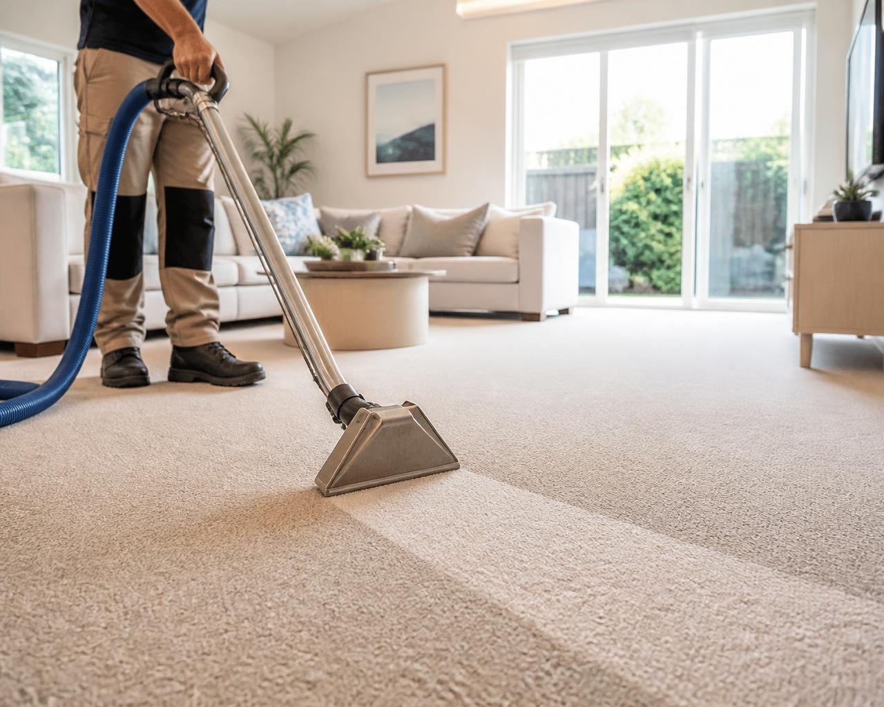 Truck-mounted carpet steam cleaning equipment in use inside a home