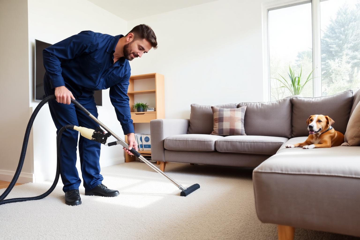 Cleaning technician treating carpet in a pet-friendly Australian living room with a dog resting on the sofa