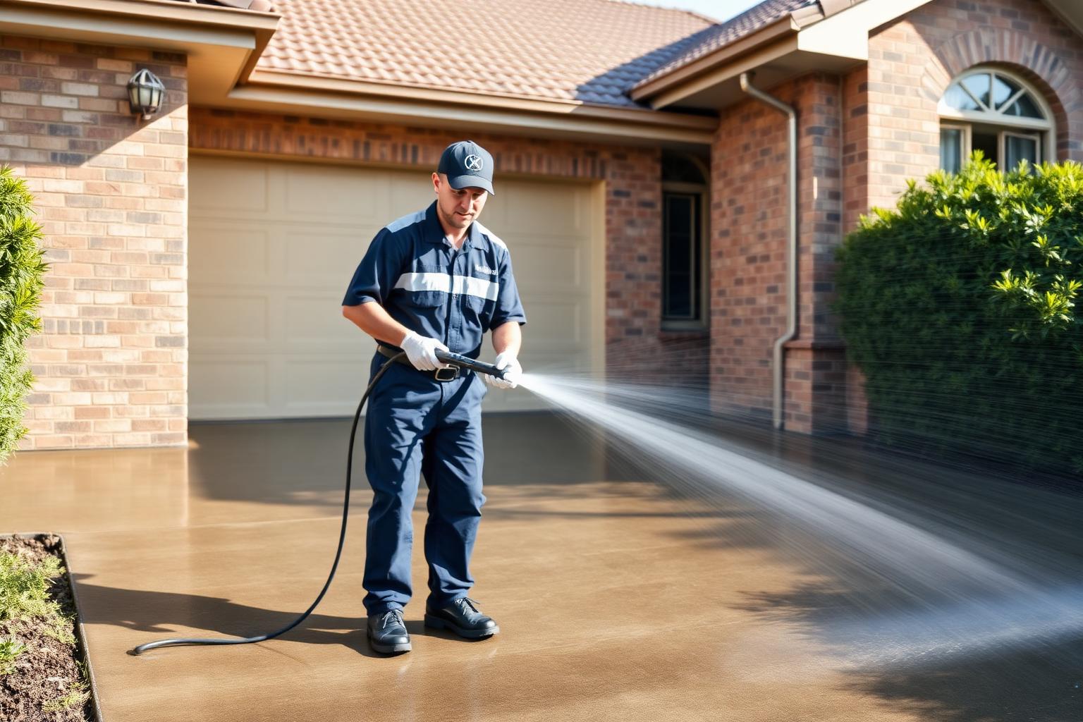 Professional cleaner pressure washing a concrete driveway of a brick home