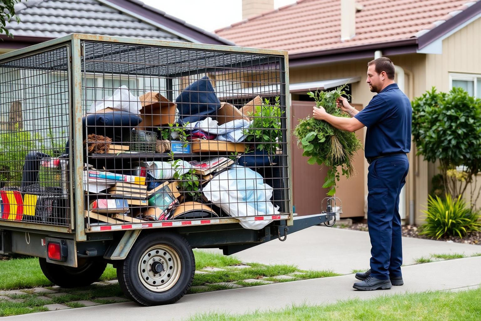 Worker loading household items and green waste into a caged trailer outside a home