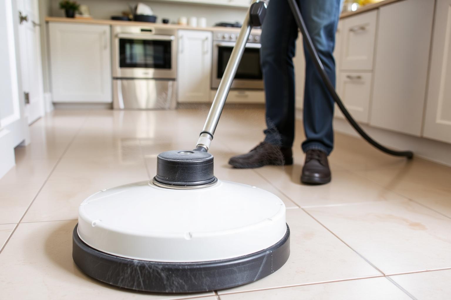 Rotary tile and grout cleaning machine cleaning light ceramic floor tiles in a kitchen