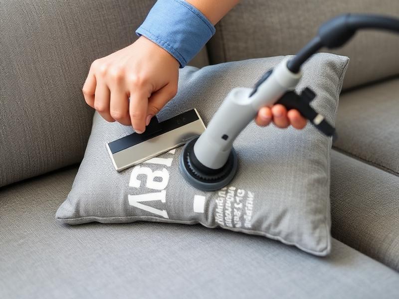 Upholstery cleaning tool refreshing a grey fabric sofa cushion