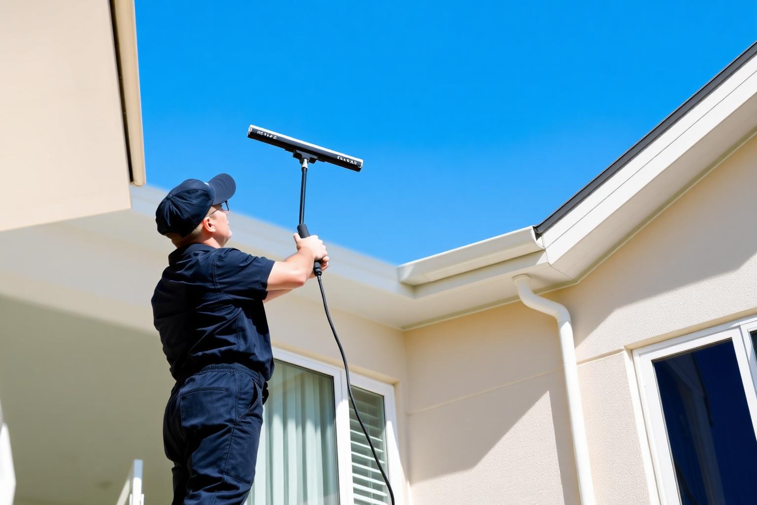 Professional window cleaner using a squeegee on a residential window under a blue sky