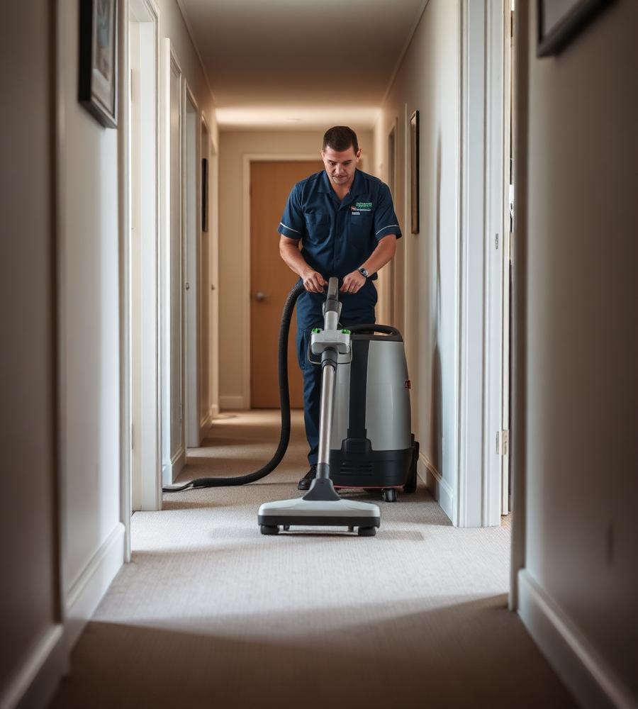 Pristine cleaner operating professional carpet extraction equipment in a home hallway